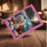 Karen's Heart by the River Trifold Wallet<br><div class="desc">A heart-shaped stone with the name Karen inscribed on it sits on a riverbank surrounded by smooth white rocks,  with a red rose beside it.</div>