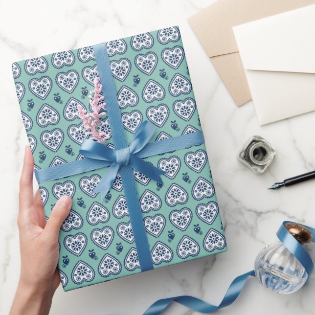 ‘Karlek’ Heartt  gift wrapping Paper (navy, teal) (Gifting)