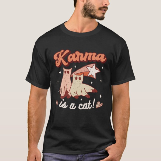 Karma Is A Cat Retro Halloween Spooky Groovy Funny T-Shirt (Front)