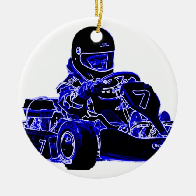 Kart Racing Blue and White Ceramic Ornament (Front)