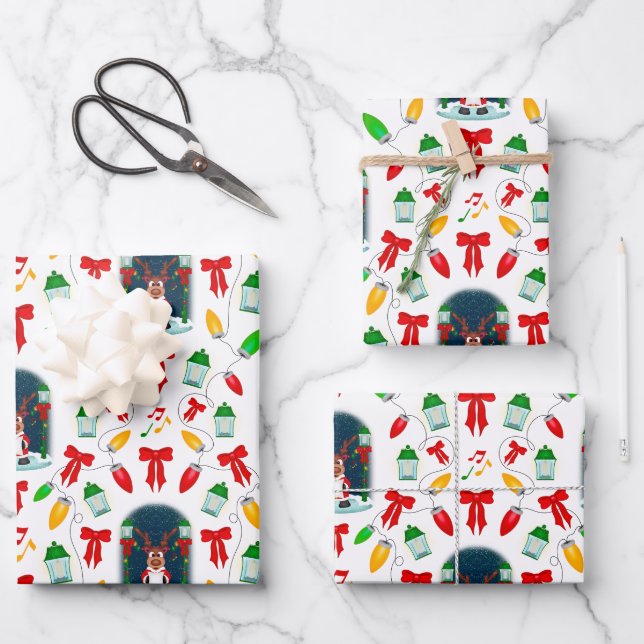 Kasky Cute Christmas Carol Singing Reindeer Wrapping Paper Sheet (Front)