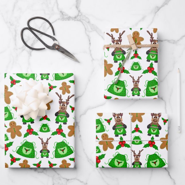 Kasky Cute Christmas Reindeer Baking Gingerbread Wrapping Paper Sheet (Front)
