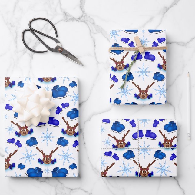 Kasky Cute Christmas Reindeer On Blue Ice Skates Wrapping Paper Sheet (Front)