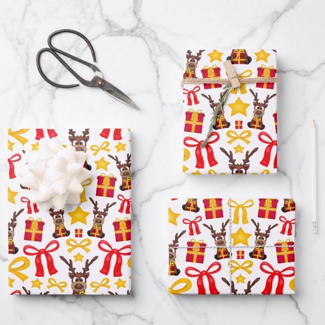 Kasky Cute Christmas Reindeer With Red Present  Wrapping Paper Sheet (Front)