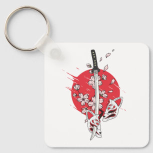 Katana cherry blossom fox mask key ring