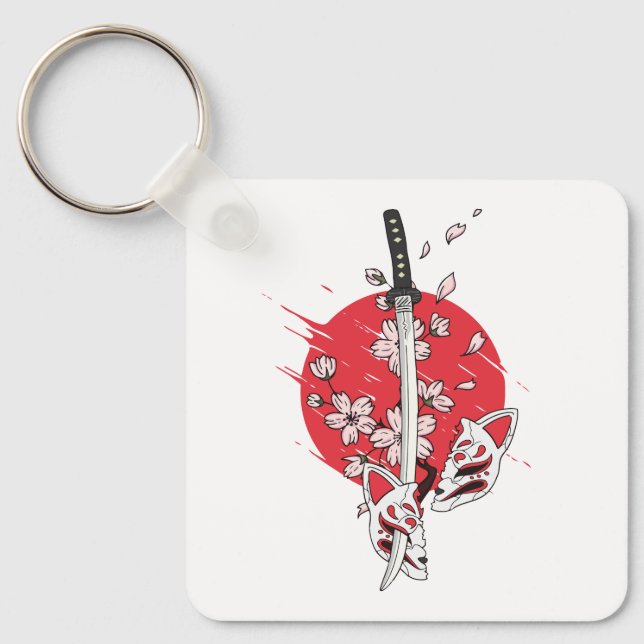Katana cherry blossom fox mask key ring (Front)