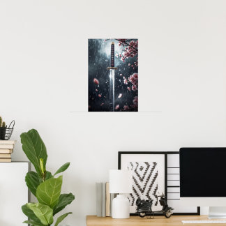 Katana Sword with Sakura Blossoms in the Rain Poster