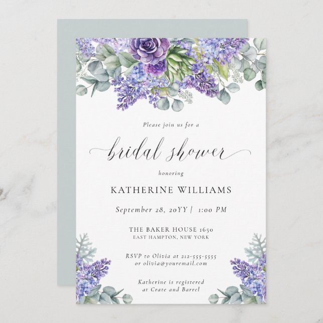 Katherine Elegant Floral Lavender Bridal Shower Invitation (Front/Back)