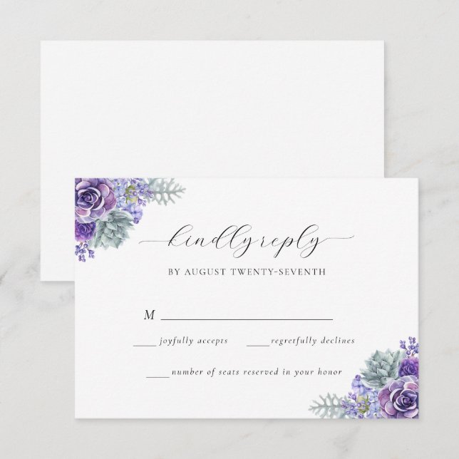 Katherine Purple Floral Script Wedding RSVP Card (Front/Back)