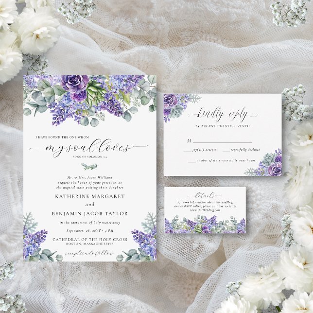 Katherine Traditional Floral Catholic Wedding Invitation (Catholic nuptial mass wedding invitation with purple florals and succulents and eucalyptus greenery)