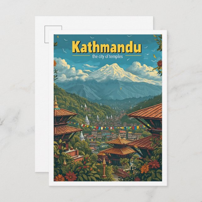 Kathmandu Nepal Vintage Art Travel Illustration Postcard (Front/Back)