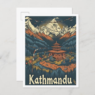 Kathmandu Nepal Vintage Art Travel Illustration Postcard