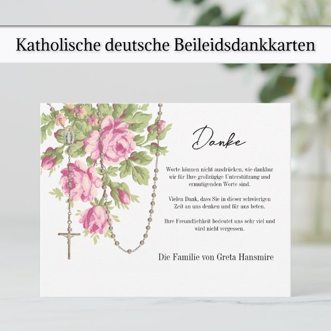 Katholische Rosen Rosenkranz Beileids- und Anteiln Thank You Card (German Funeral Memorial Thank You cards with pink roses and holy rosary)