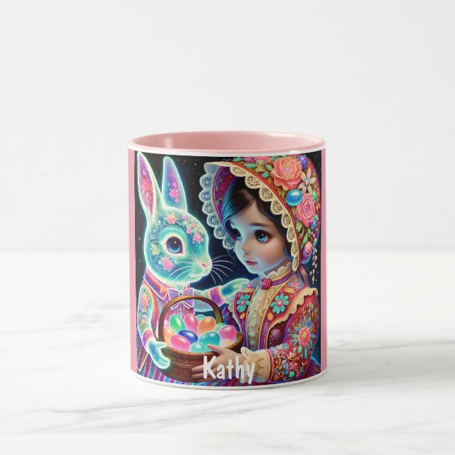 KATHY ~ Vintage Girl Eggs Bunny~ Mug (Center)