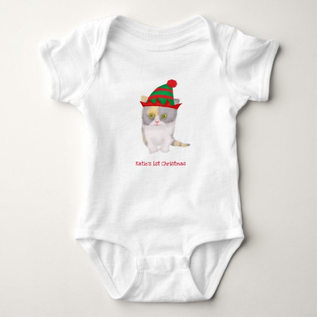 Katie kitten baby's 1st Xmas personalized bodysuit (Front)