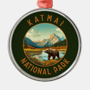 Katmai National Park Bear Retro Distressed Circle Metal Ornament