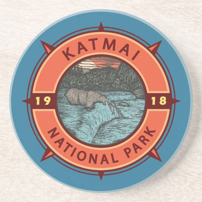 Katmai National Park Grizzly Bear Retro Compass Coaster (Front)