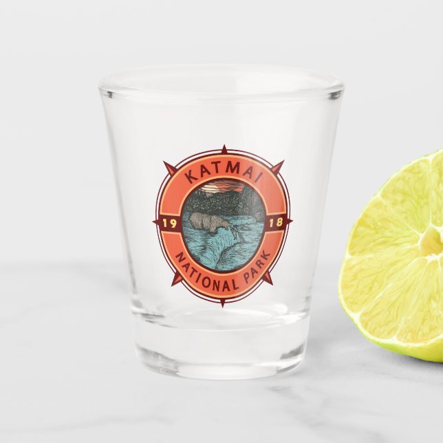 Katmai National Park Grizzly Bear Retro Compass Shot Glass (Front)