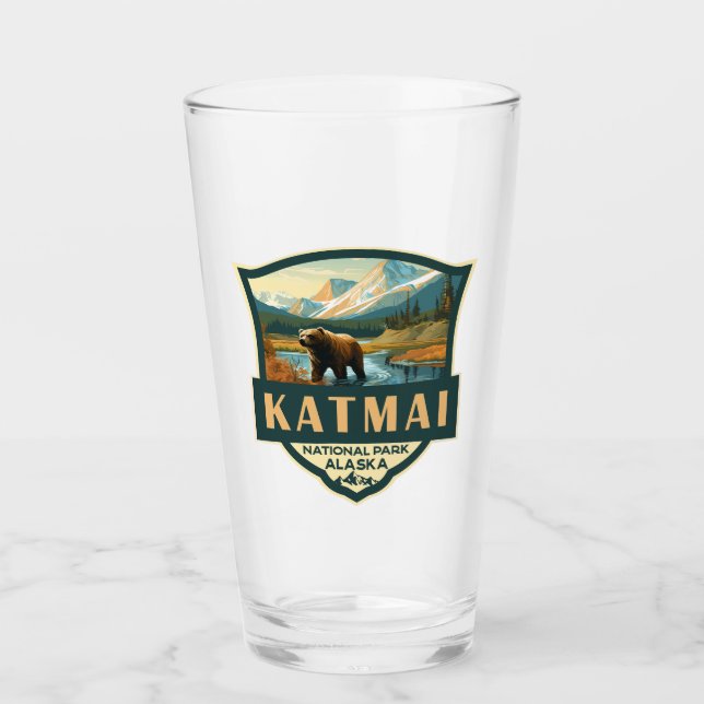 Katmai National Park Illustration Retro Badge Glass (Front)