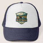 Katmai National Park Illustration Retro Badge Trucker Hat<br><div class="desc">Katmai vector artwork design. The Valley of Ten Thousand Smokes is an area of lava flows and ash formed by a massive volcanic eruption</div>