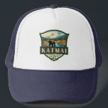 Katmai National Park Illustration Retro Badge Trucker Hat<br><div class="desc">Katmai vector artwork design. The Valley of Ten Thousand Smokes is an area of lava flows and ash formed by a massive volcanic eruption</div>