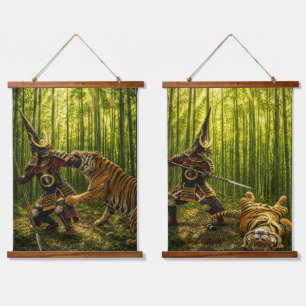 Kato Kiyomasa Samurai and Tiger Two-Panel Wall Tap Hanging Tapestry