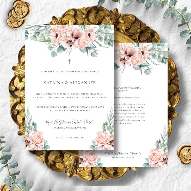 Katrina Pink Boho Modern Catholic Wedding Invitation (Floral pink boho Catholic wedding invitation with RSVP on back.)