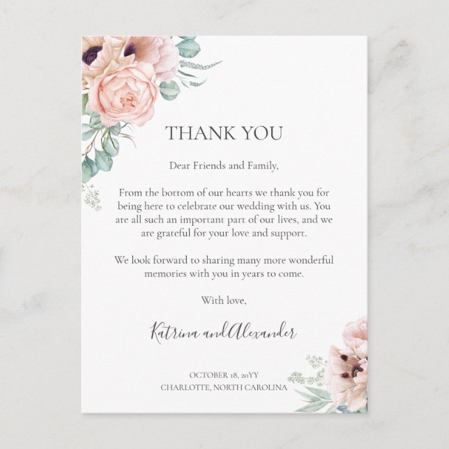 Katrina Pink Floral Wedding Reception Thank You Postcard (Front)