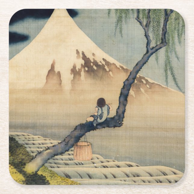 Katsushika Hokusai - Boy Viewing Mount Fuji Square Paper Coaster (Front)