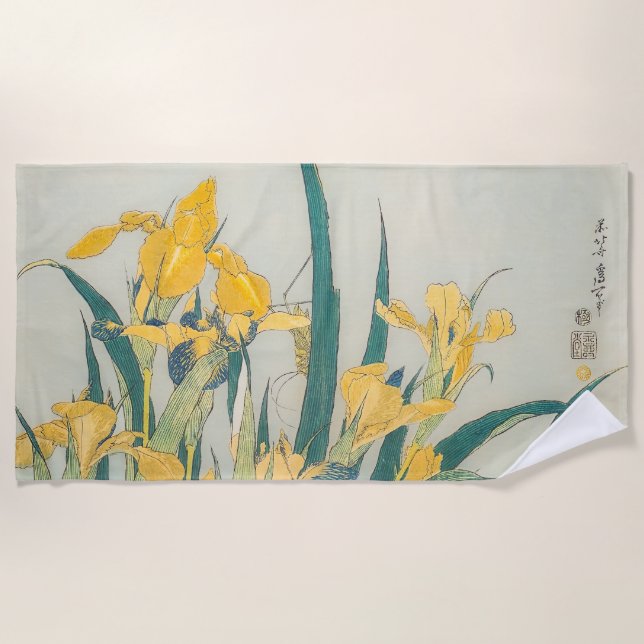 Katsushika Hokusai - Grasshopper and Iris Beach Towel (Front)