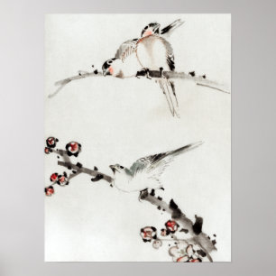 Katsushika Hokusai Three Birds Perched on Branches Poster