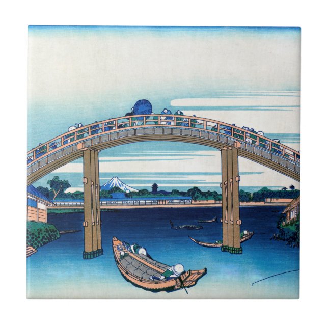 Katsushika Hokusai - Under Mannen Bridge, Fukagawa Ceramic Tile (Front)