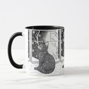 Kätzchen am Fenster Schneeflocken Sternenhimmel Mug