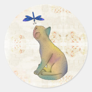 Katze und blaue Libelle Runder Aufkleber Classic Round Sticker