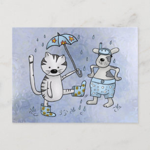 Katze und Hund im Regen Postcard
