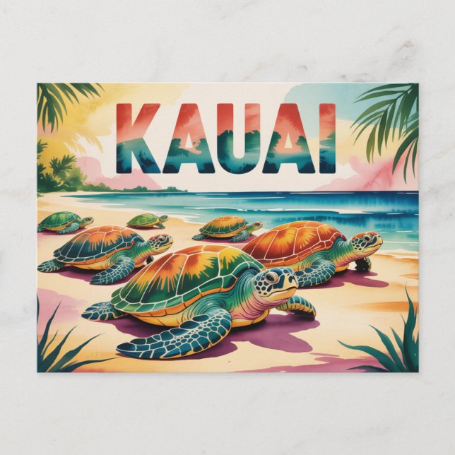 Kauai Beach Turtles Illustration Postcard (Front)