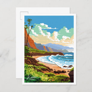 Kauai Hawaii travel Vintage illustration Postcard