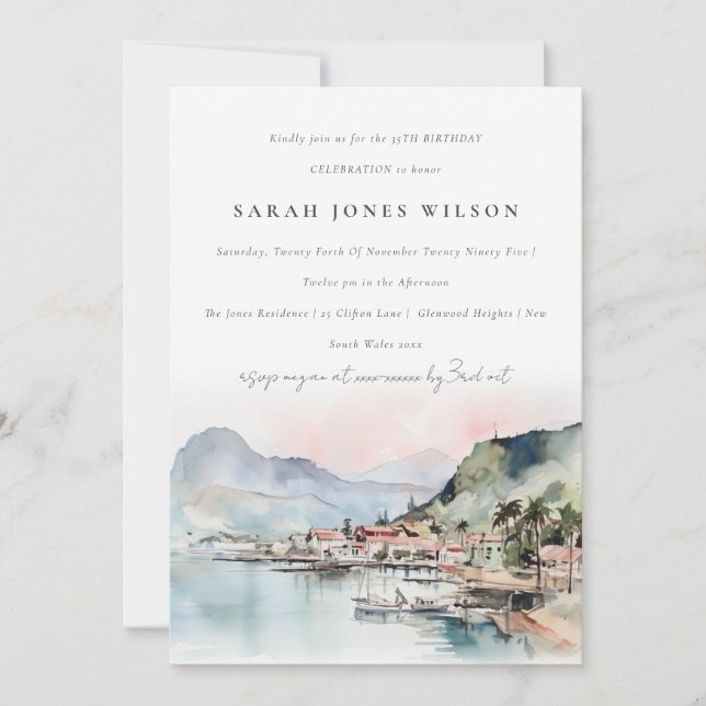 Kauai Hawaii Watercolor Landscape Birthday Invitation (Front)