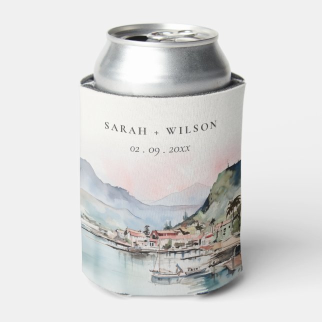 Kauai Hawaii Watercolor Landscape Wedding Can Cooler (Can Front)