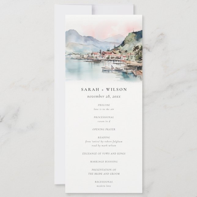 Kauai Hawaii Watercolor Landscape Wedding Program (Front)