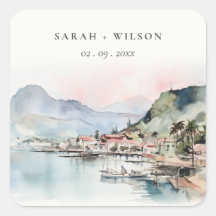 Kauai Hawaii Watercolor Landscape Wedding Square Sticker