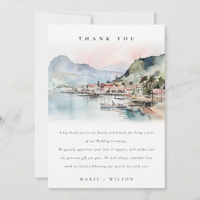 Kauai Hawaii Watercolor Landscape Wedding Thank You Card (Front)