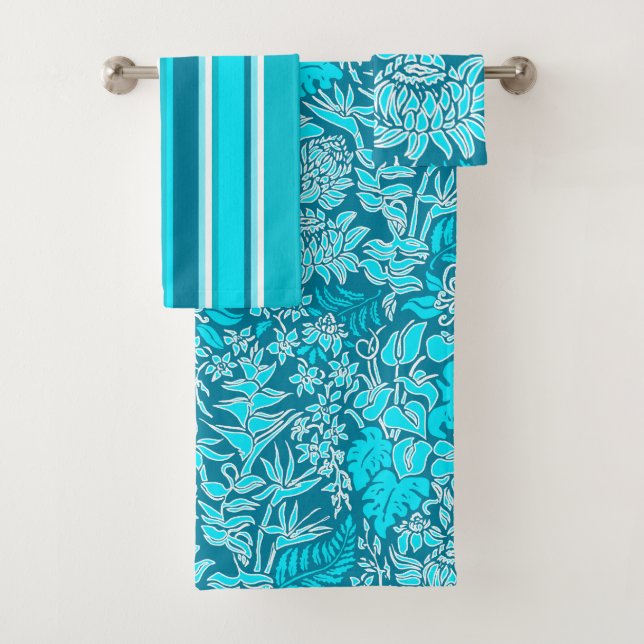 Kauai Morning Hawaiian Floral & Stripe Coordinate Bath Towel Set (Insitu)