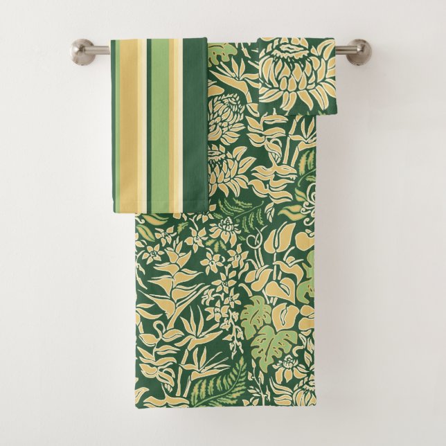 Kauai Morning Hawaiian Floral & Stripe Coordinate Bath Towel Set (Insitu)