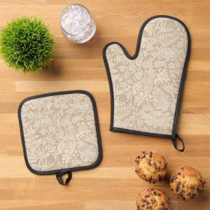 Kauai Morning Hawaiian Protea Floral Taupe Oven Mitt & Pot Holder Set