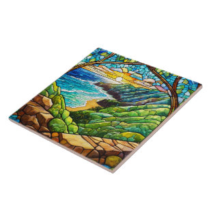 Kauai- view of hankapiai Stained glass art Ceramic Tile