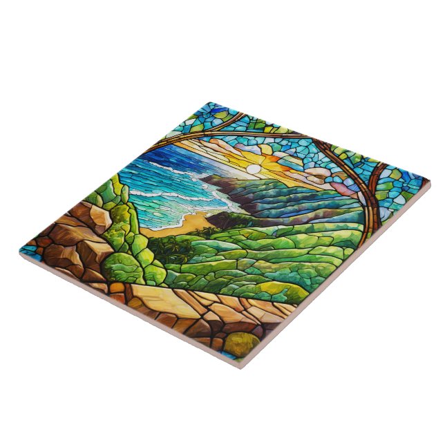 Kauai- view of hankapiai Stained glass art Ceramic Tile (Side)