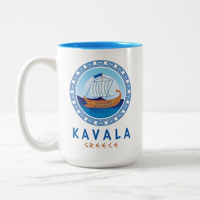 Kavala, Greece Greek Ship Design Two-Tone Coffee Mug (Left)