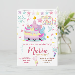 Kawai Unicorn Cake Pastel Birthday Invitation 