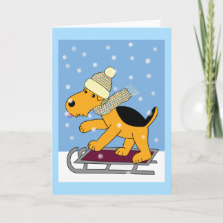 Kawaii Airedale Terrier Dog on Sled Greeting Card